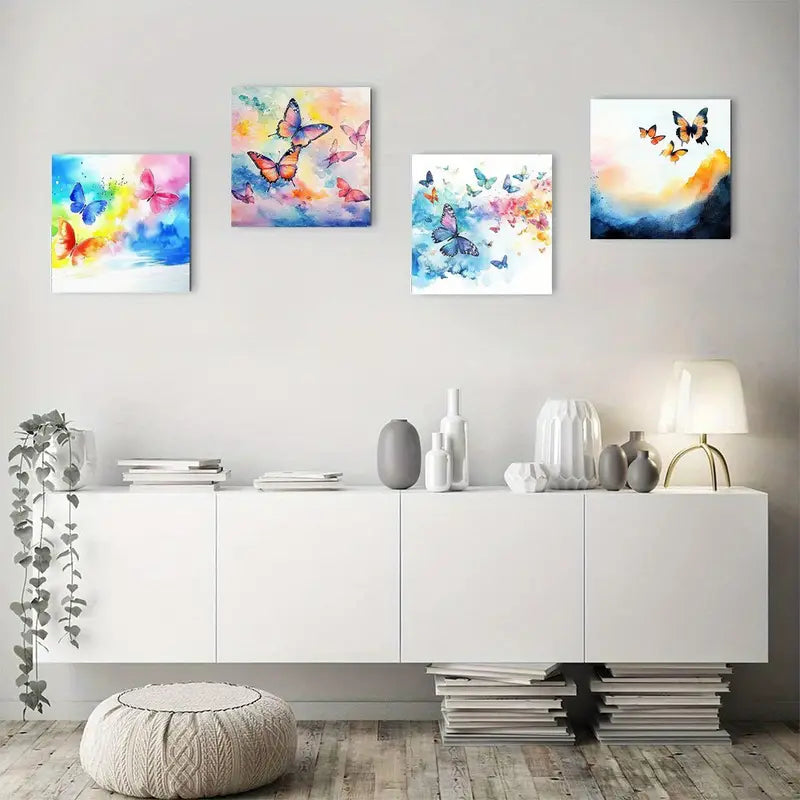 4pcs Vibrant Butterfly & Colorful Swirls Wall Art Canvas Framed
