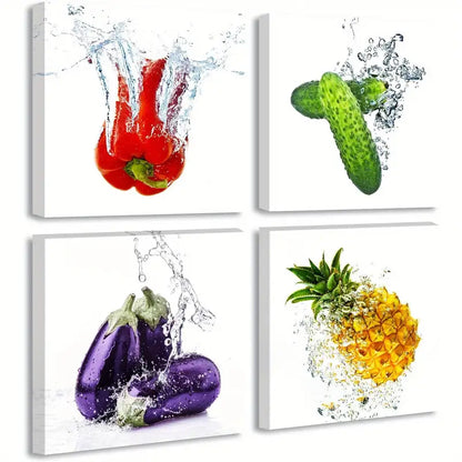 4pcs Cucumber, Eggplant, Pineapple & Pimento Wall Art Canvas Framed