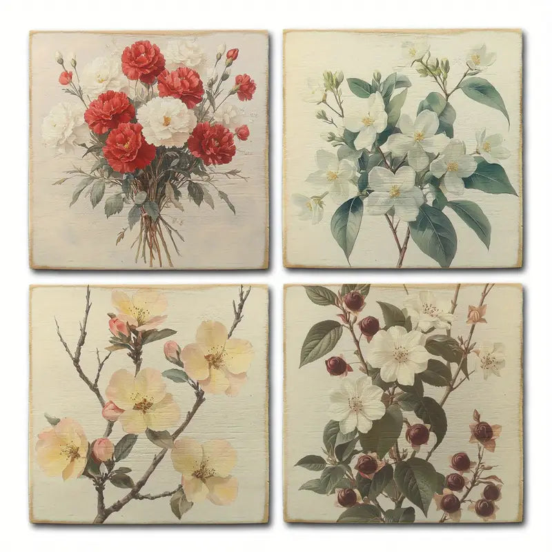4pcs Red,White & Yellow Flower Boque Wall Art Canvas Framed