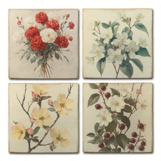 4pcs Red,White & Yellow Flower Boque Wall Art Canvas Framed