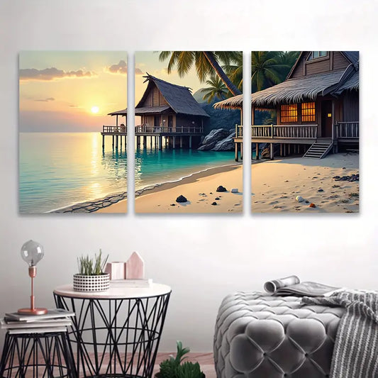 3pcs Palm Tree Ocean Beach Paradise Poster Wall Art Set Canvas Framed 60x90cm - High Quality Print 100% Australian Made Wall Canvas Ready to Hang