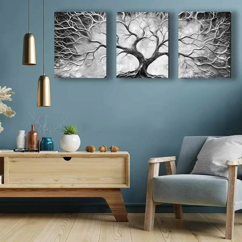 3pcs Black And White Tree Wall Art Metal Print Ready to Hang Art