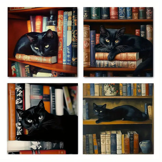 4pcs Black Cat Boo Elegant Moder Wall Art Canvas Framed