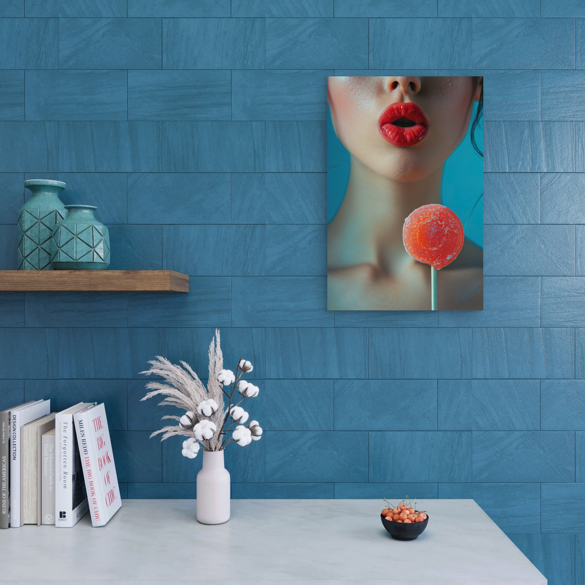 Close-Up of Red Lips with Red Lollipop 40x60cm Metal Print Ready to Hang