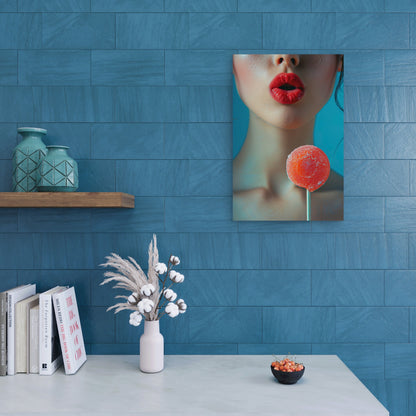 Close-Up of Red Lips with Red Lollipop 40x60cm Metal Print Ready to Hang
