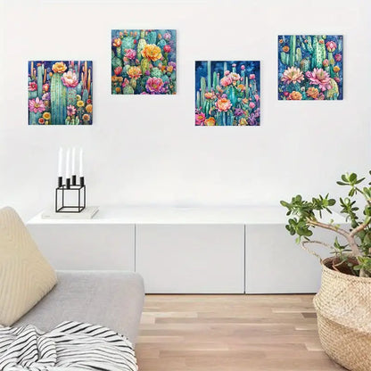 4pcs Blooming Cacti With Vibrant Flowers  Wall Art Canvas Framed