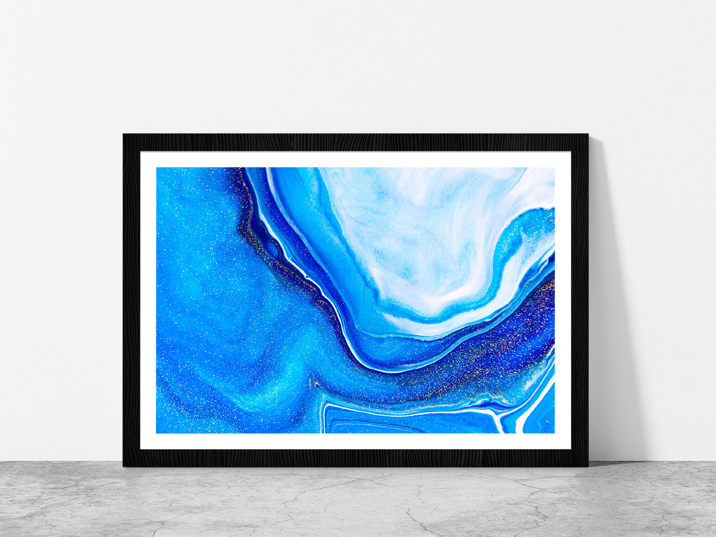 Blue Liquid Acrylic Painting Glass Framed Wall Art, Ready to Hang Quality Print With White Border Black