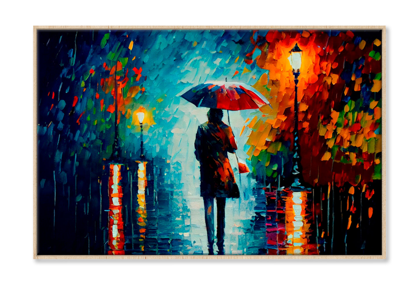 Walking In The Rain With Umbrella Oil Painting Wall Art Limited Edition High Quality Print Canvas Box Framed Natural