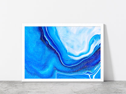 Blue Liquid Acrylic Painting Glass Framed Wall Art, Ready to Hang Quality Print Without White Border White