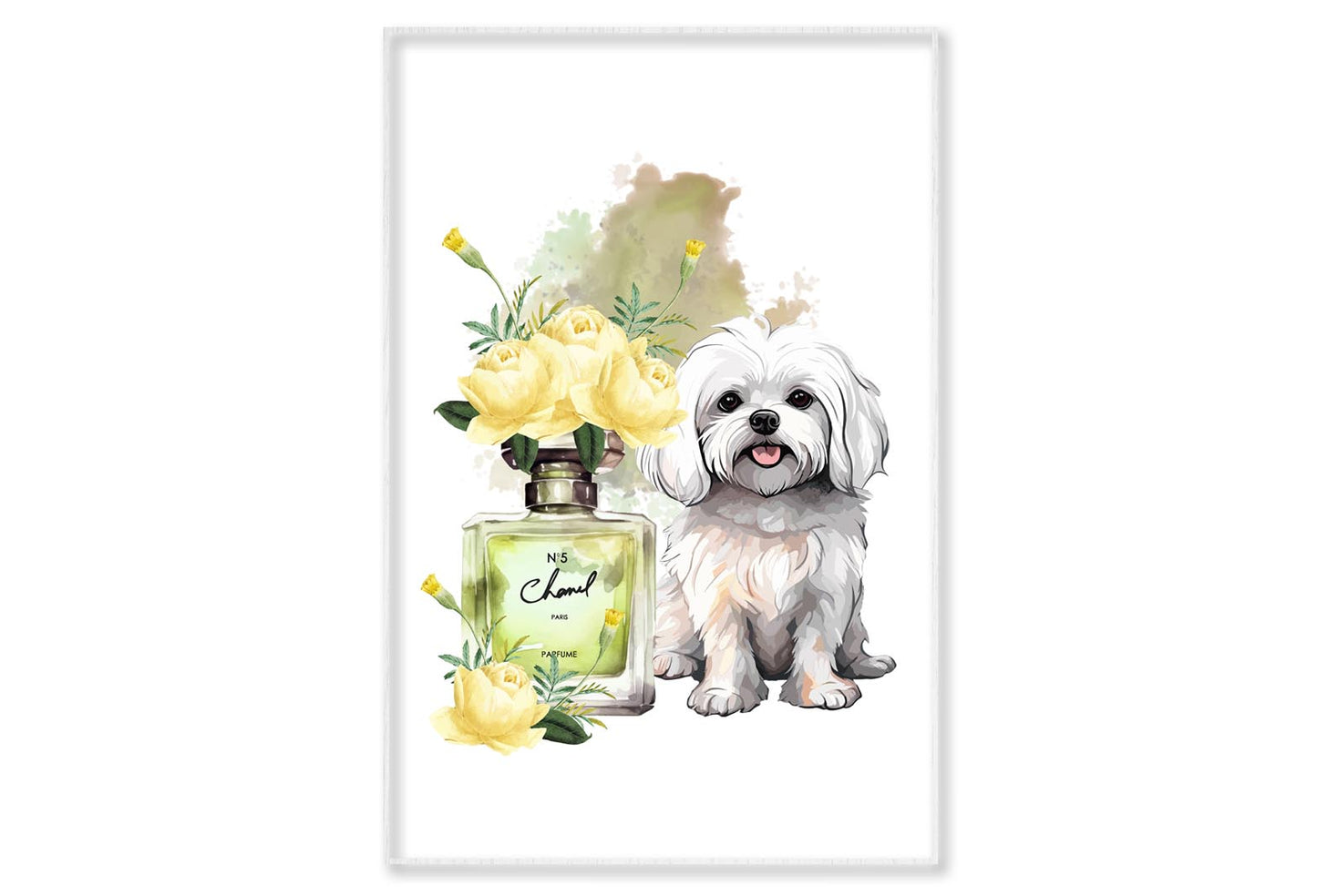 Yellow Perfume, Dog Wall Art Limited Edition High Quality Print Canvas Box Framed White