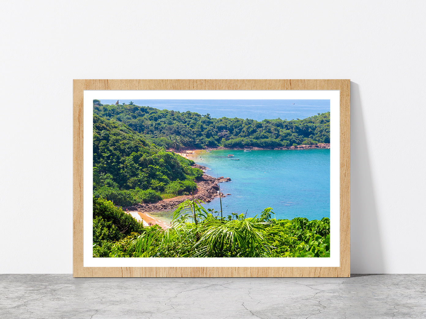 Jungle Beach In Unawatuna Glass Framed Wall Art, Ready to Hang Quality Print With White Border Oak