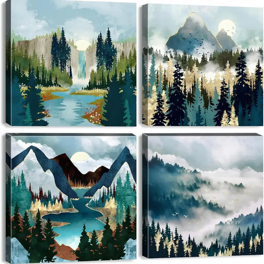 4pcs Forest Lake Golden Landscape Wall Art Canvas Framed