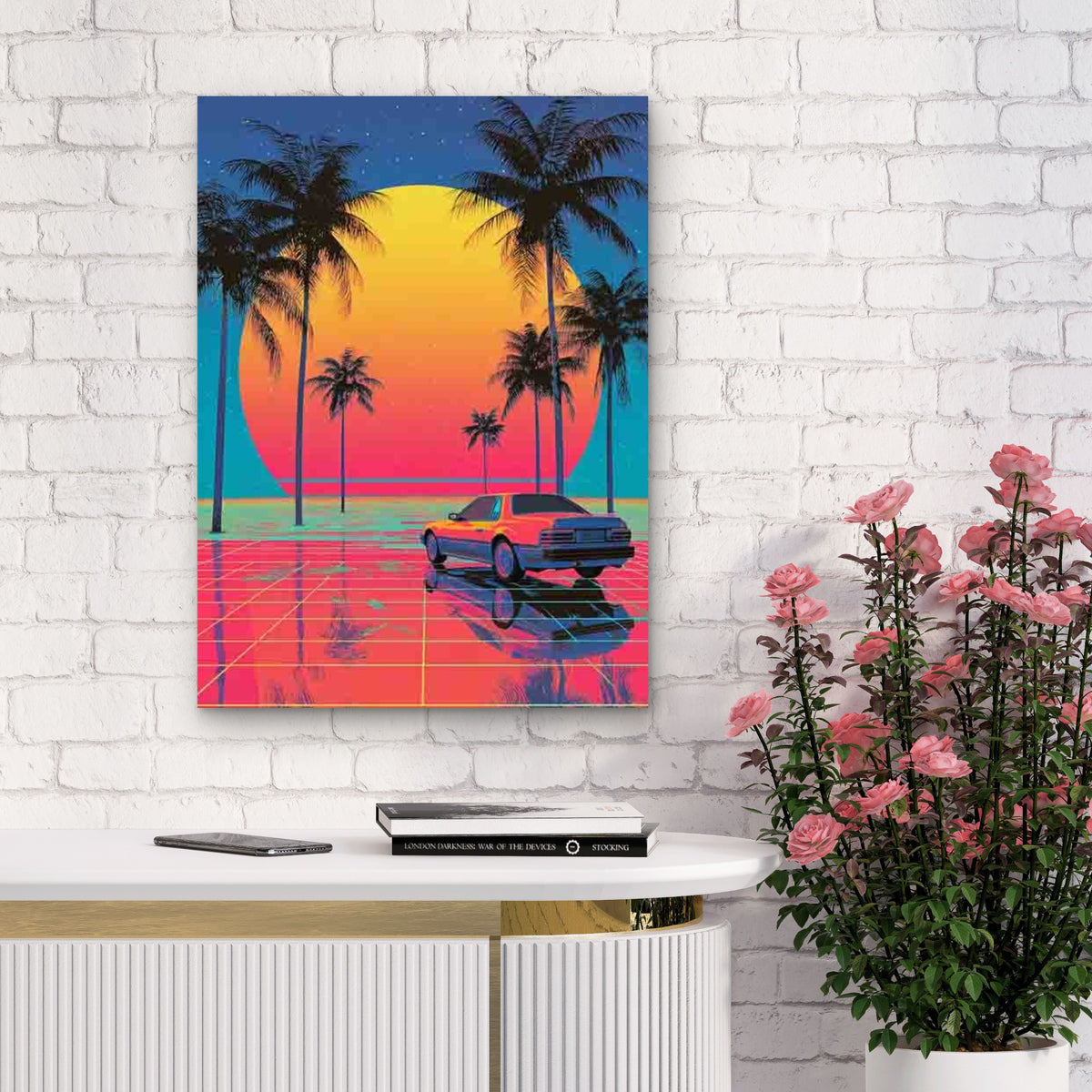 Vintage Funky Neon Landscape With Palm Trees Metal Print Ready to Hang