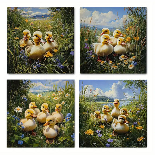 4pcs Adorable Duck Family In Vibrant Meadow  Wall Art Canvas Framed
