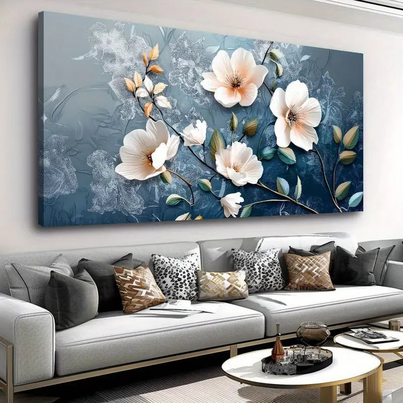 White Flower Blue Modern Floral Wall Art canvas office home room framed 120x60cm