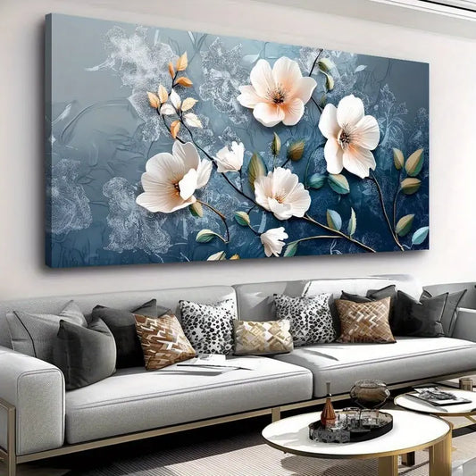 White Flower Blue Modern Floral Wall Art canvas office home room framed 120x60cm