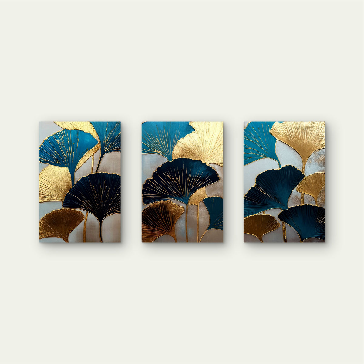 3pcs Gold Ginkgo Biloba Leaf Teal Navy Blue Wall Art Set Canvas Framed 40x60cm - High Quality Print 100% Australian Made Wall Canvas Ready to Hang