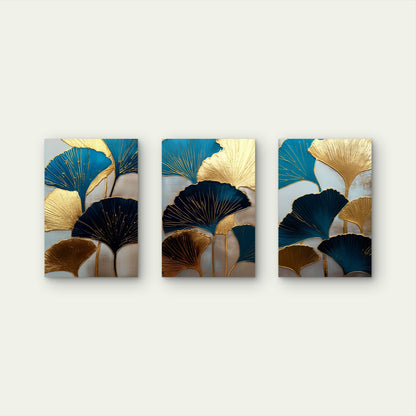3pcs Gold Ginkgo Biloba Leaf Teal Navy Blue Wall Art Set Canvas Framed 60x90cm - High Quality Print 100% Australian Made Wall Canvas Ready to Hang