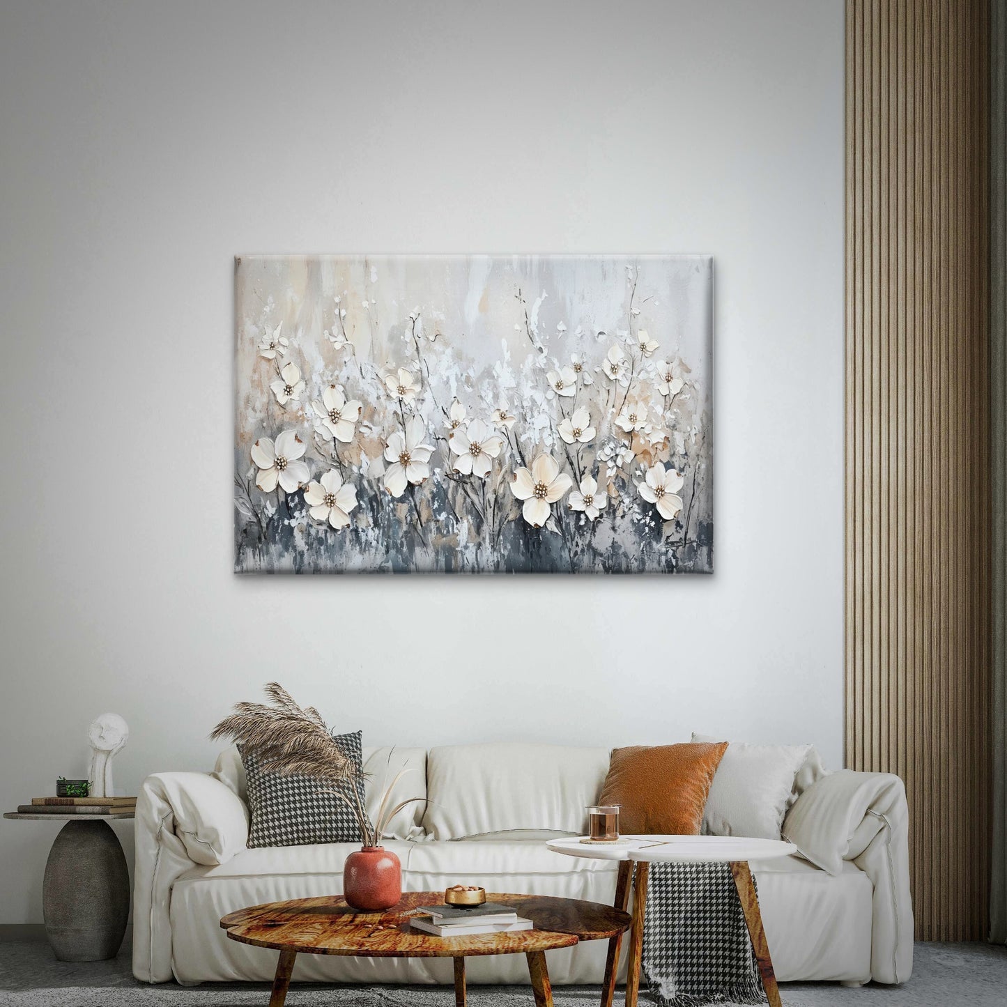 White Flowers in Grey Meadow Wall Art Decor 100% Australian Made