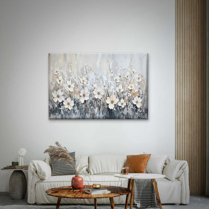 White Flowers in Grey Meadow Wall Art Decor 100% Australian Made