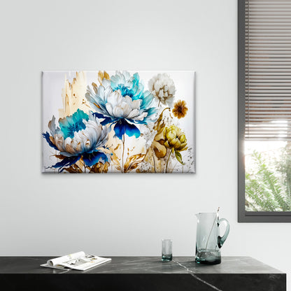 Botanical Flowers Gold Blue Design Wall Art Decor 100% Australian Made