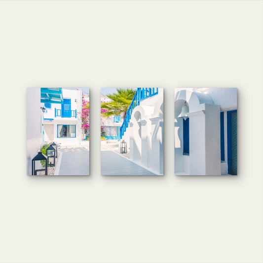3pcs Greece Mykonos Street White Architecture Wall Art Set Canvas Framed 50x70cm - High Quality Print 100% Australian Made Wall Canvas Ready to Hang
