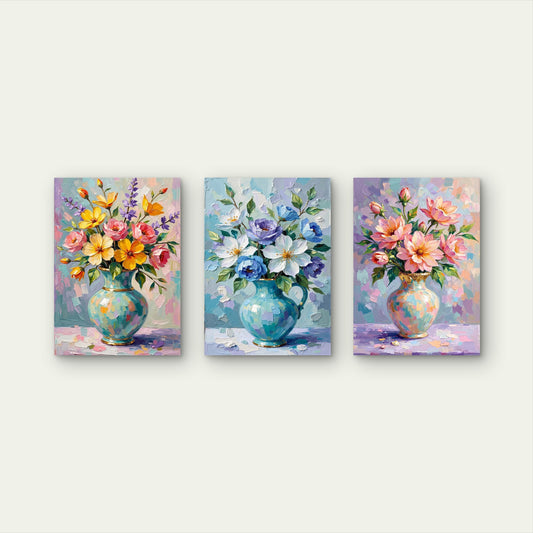 3pcs Impressionist Pastel Wildflower Vase Wall Art Set Canvas Framed 50x70cm - High Quality Print 100% Australian Made Wall Canvas Ready to Hang