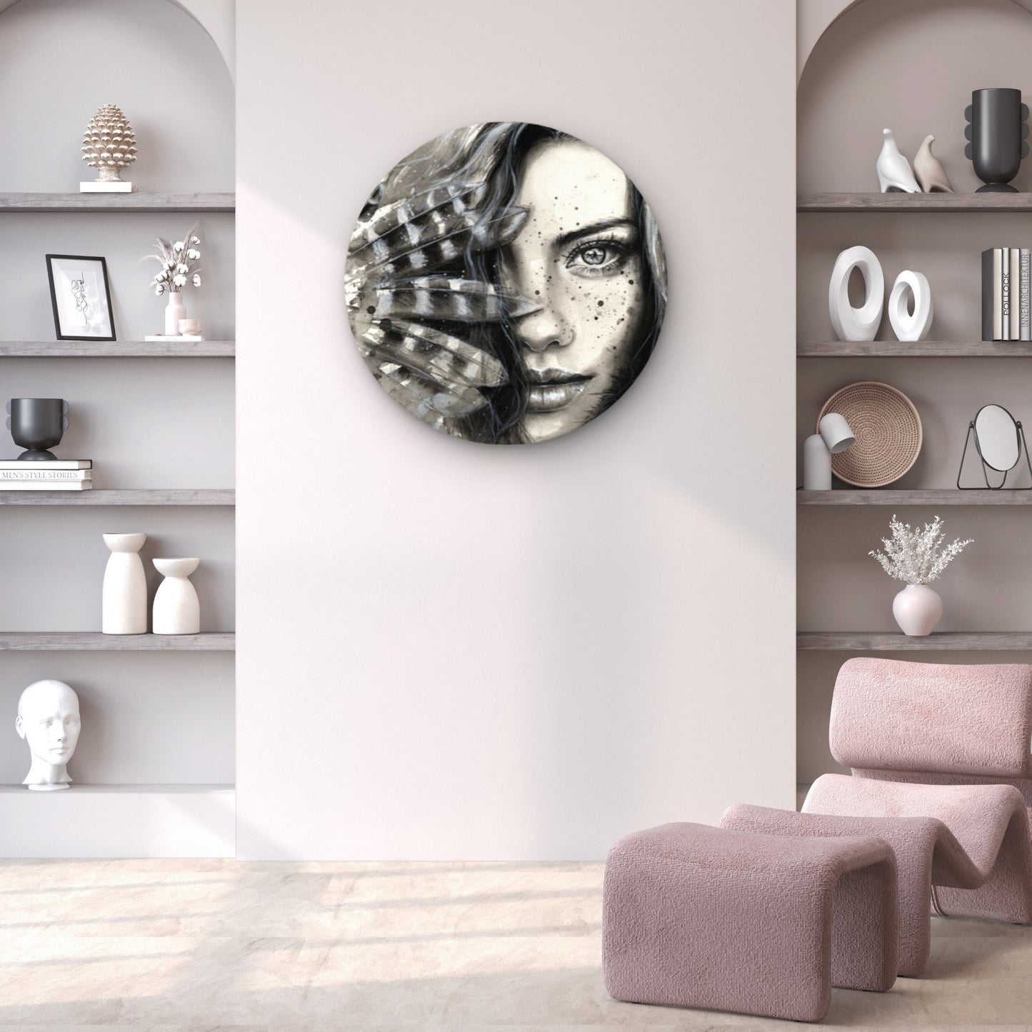 Girl Face Portrait with Feathers Black & White Acrylic Glass Rounded Print Tempered Glass Wall Art 100% Made in Australia Ready to Hang