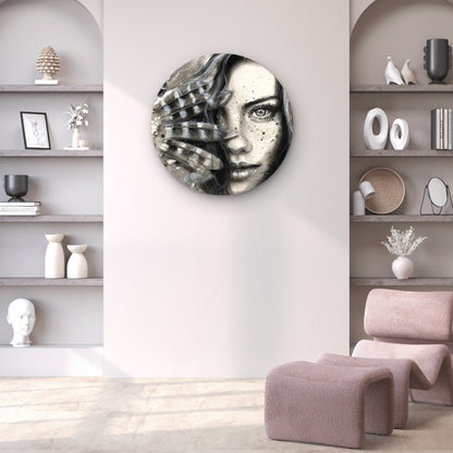 Girl Face Portrait with Feathers Black & White Acrylic Glass Rounded Print Tempered Glass Wall Art 100% Made in Australia Ready to Hang