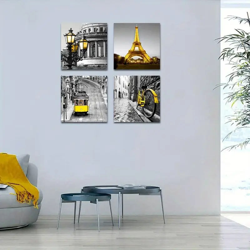 4pcs Vintage Tram & Charming Black and White   Wall Art Canvas Framed
