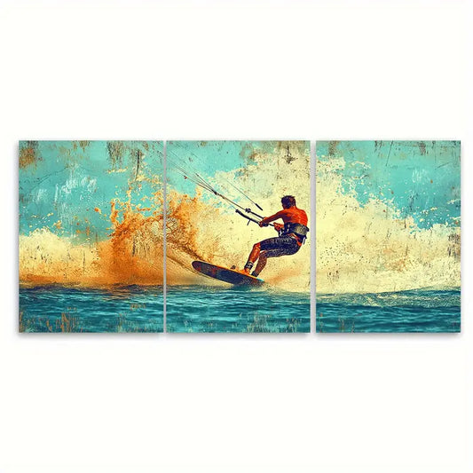 3pcs Wakeboarding & Kitesurfing Ocean Art Wall Art Set Canvas Framed 60x90cm - High Quality Print 100% Australian Made Wall Canvas Ready to Hang