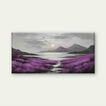Purple Meadow & Mountain Sunset Wall Art Canvas Office Home Room Framed 120x60cm