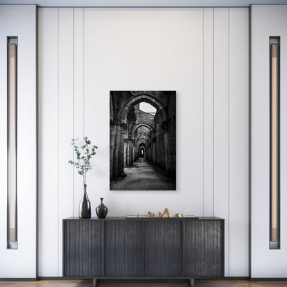 Vertical Shot Of A Hallway With Pillars Metal Print Ready to Hang