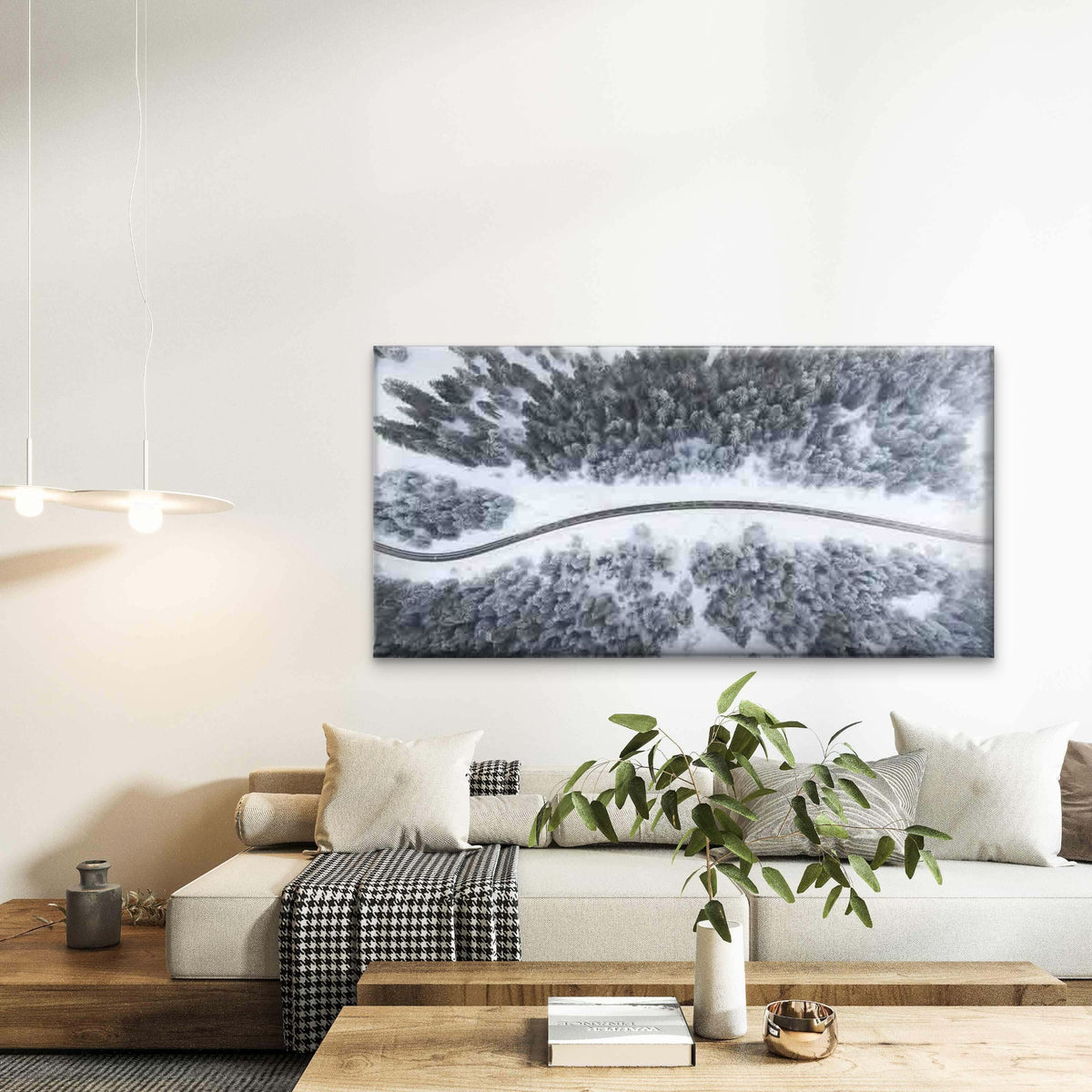 Aerial Winter Forest Road Lands Wall Art Canvas Office Home Room Framed 120x60cm