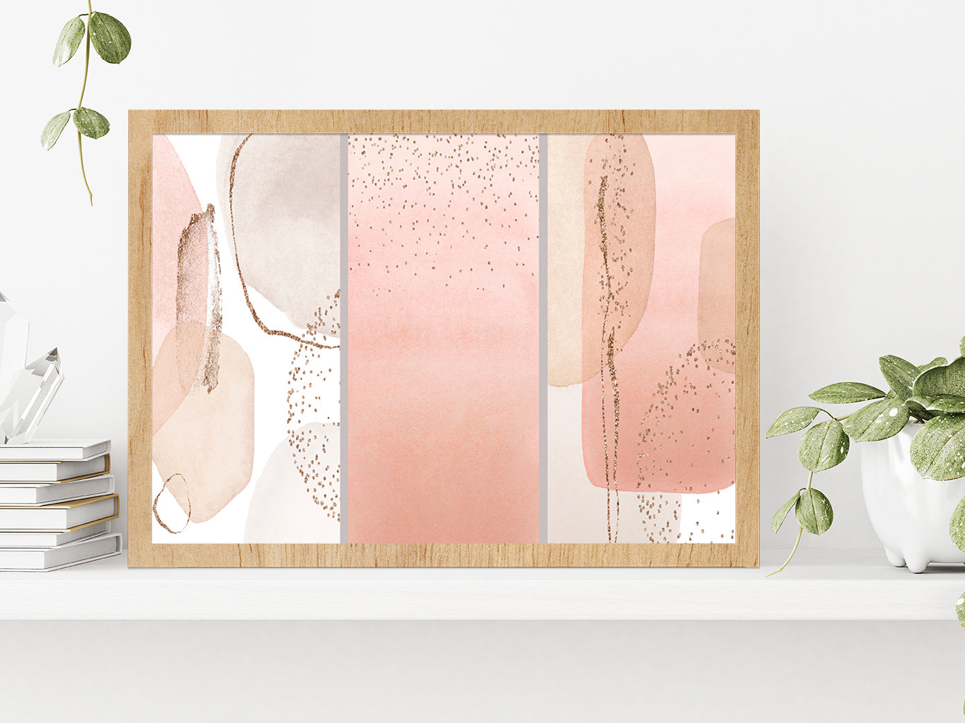 Pink & Ivory Abstract Print Set Glass Framed Wall Art, Ready to Hang Quality Print Without White Border Oak