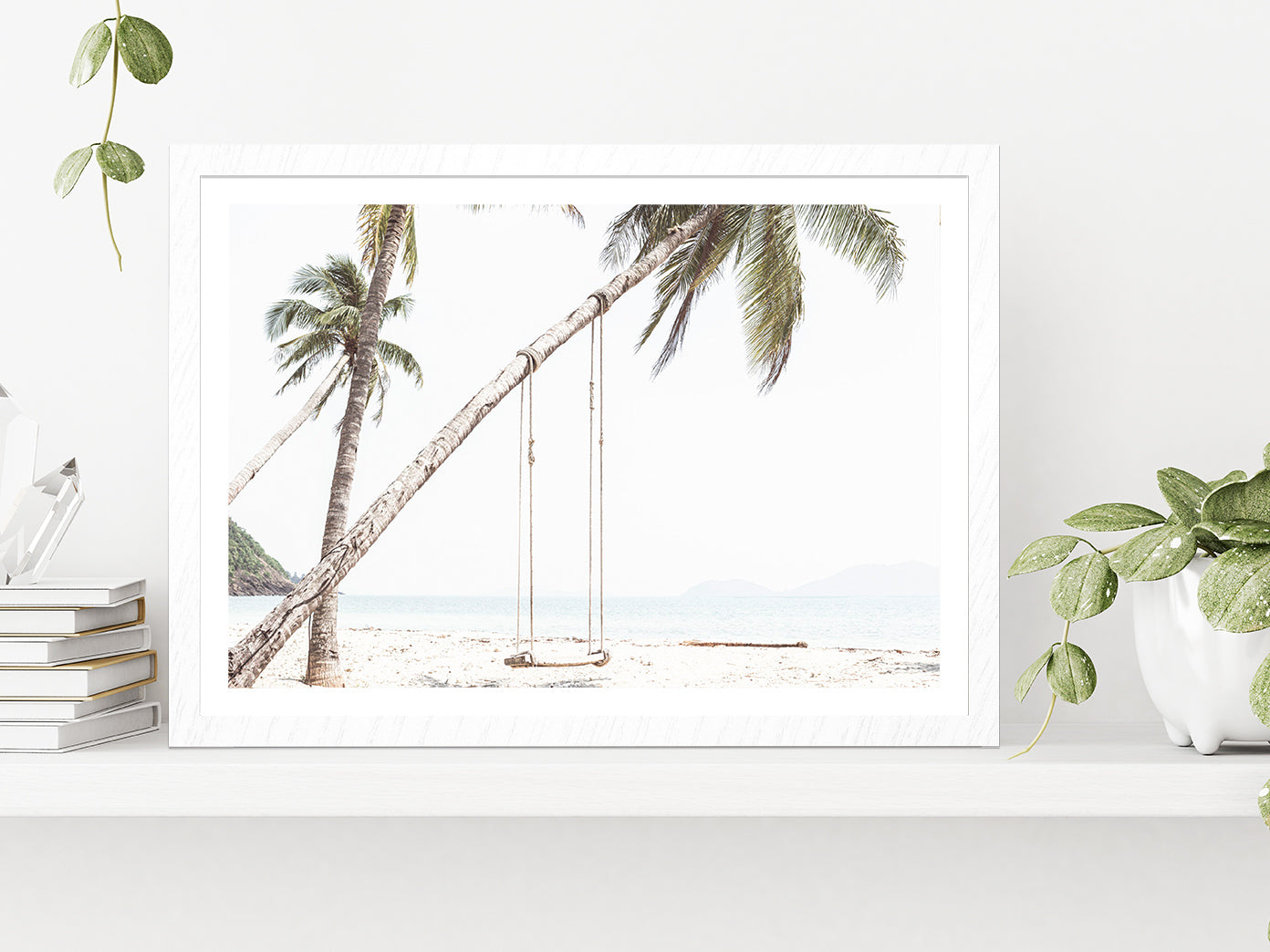 Swing on Beach & Palm Tree Faded Photograph Glass Framed Wall Art, Ready to Hang Quality Print With White Border White