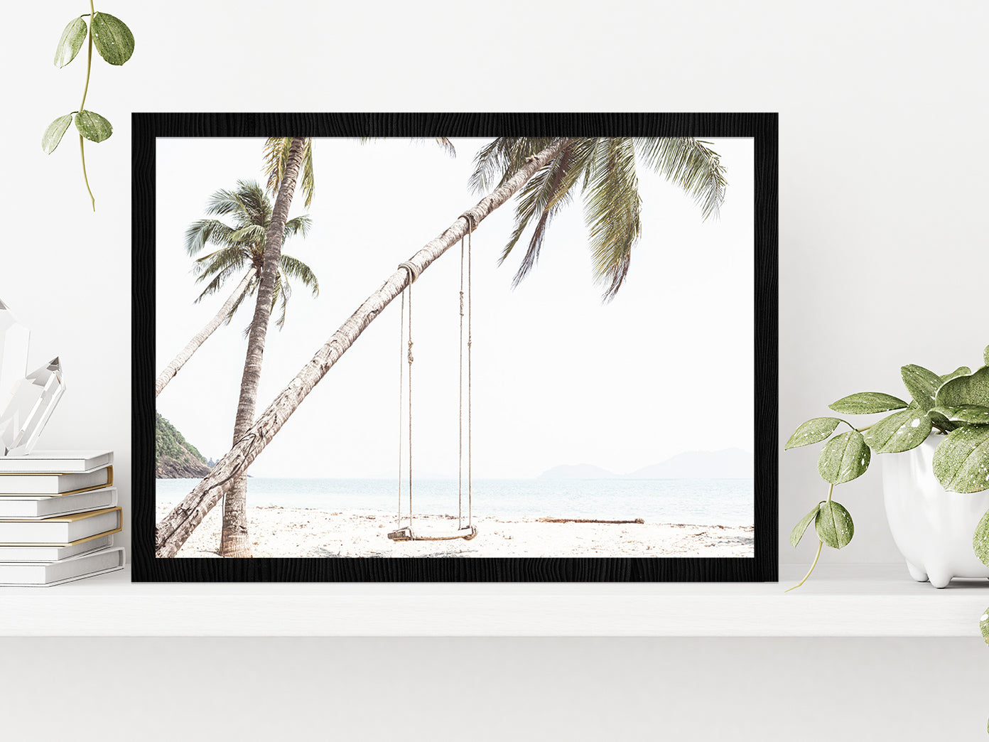 Swing on Beach & Palm Tree Faded Photograph Glass Framed Wall Art, Ready to Hang Quality Print Without White Border Black