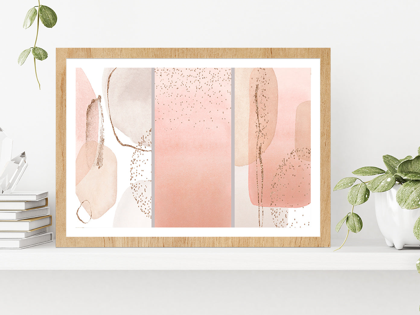 Pink & Ivory Abstract Print Set Glass Framed Wall Art, Ready to Hang Quality Print With White Border Oak