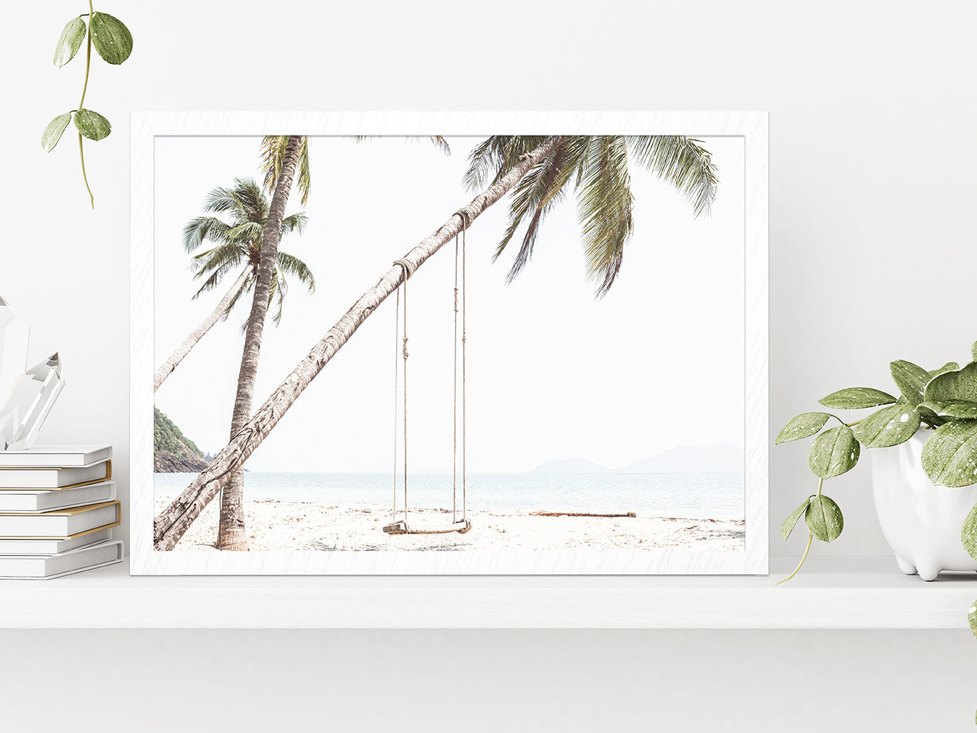 Swing on Beach & Palm Tree Faded Photograph Glass Framed Wall Art, Ready to Hang Quality Print Without White Border White