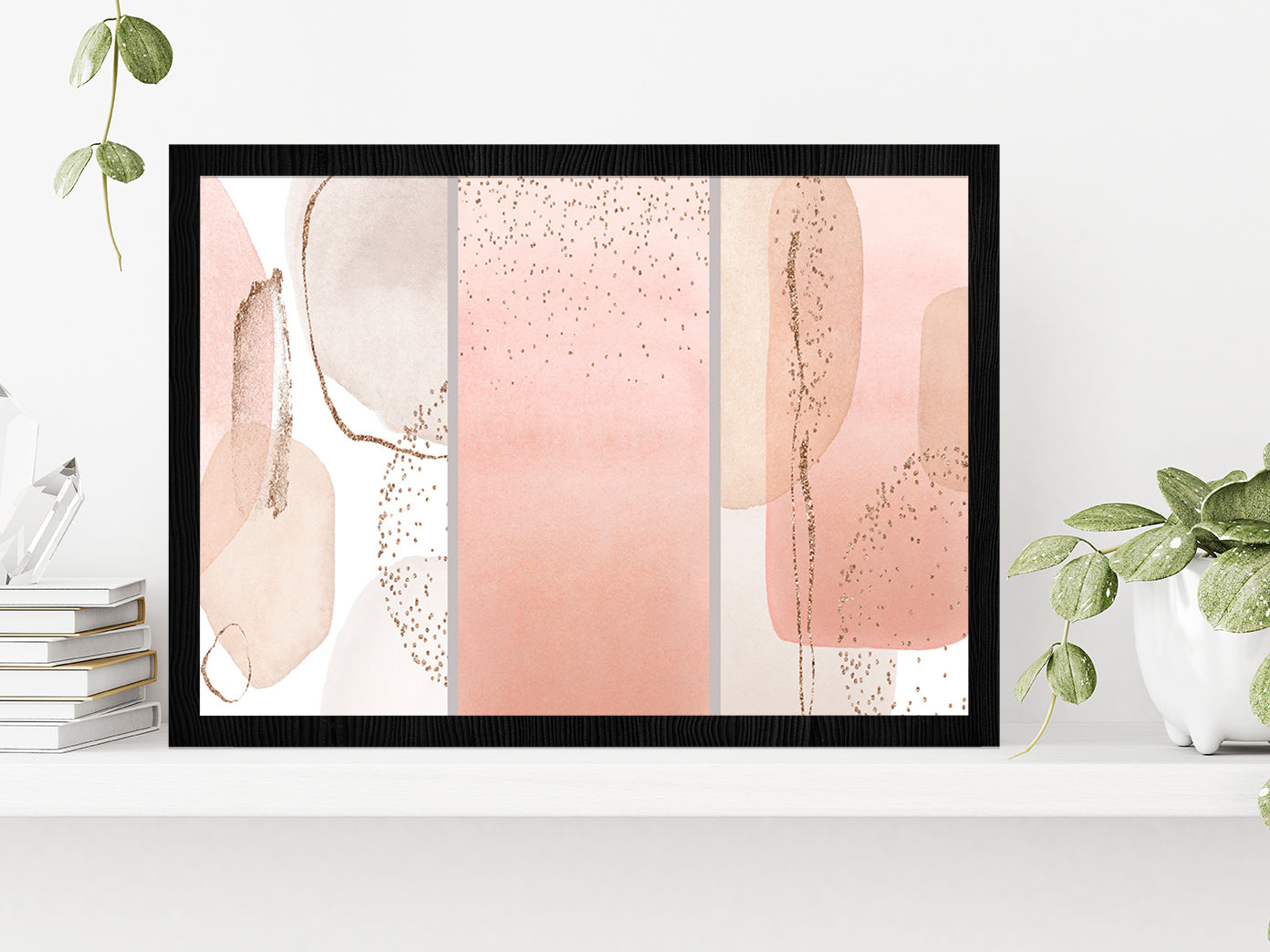 Pink & Ivory Abstract Print Set Glass Framed Wall Art, Ready to Hang Quality Print Without White Border Black