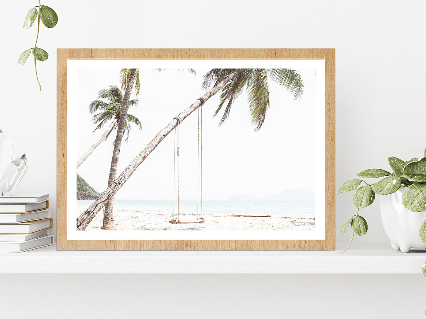 Swing on Beach & Palm Tree Faded Photograph Glass Framed Wall Art, Ready to Hang Quality Print With White Border Oak