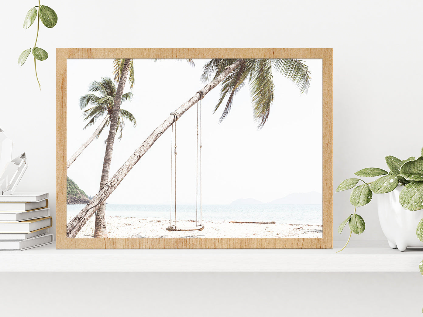 Swing on Beach & Palm Tree Faded Photograph Glass Framed Wall Art, Ready to Hang Quality Print Without White Border Oak