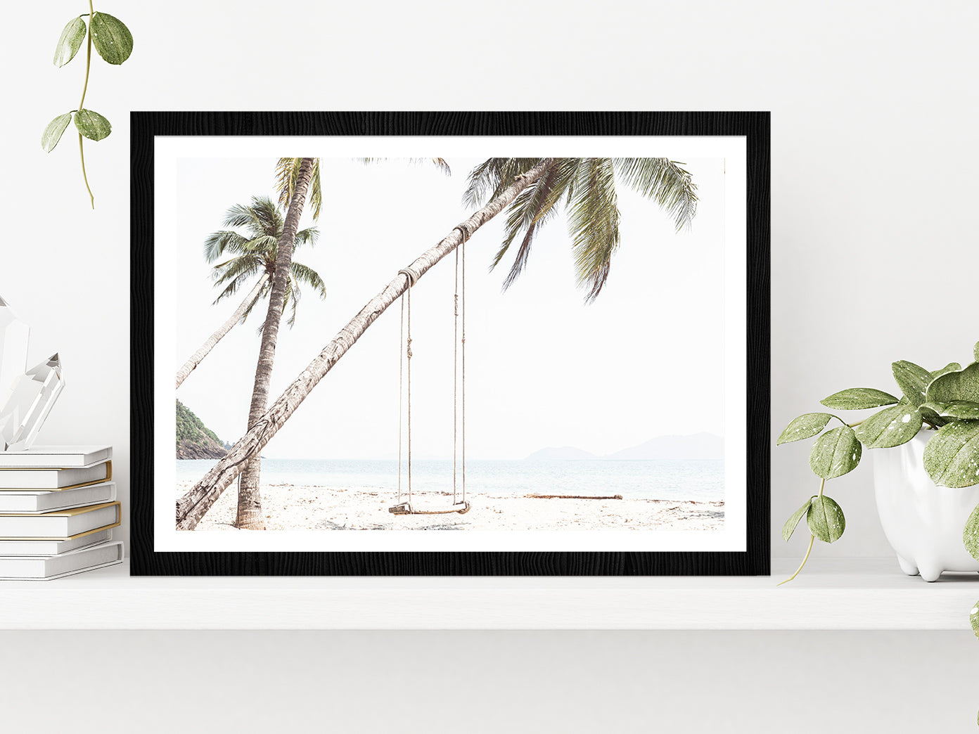 Swing on Beach & Palm Tree Faded Photograph Glass Framed Wall Art, Ready to Hang Quality Print With White Border Black