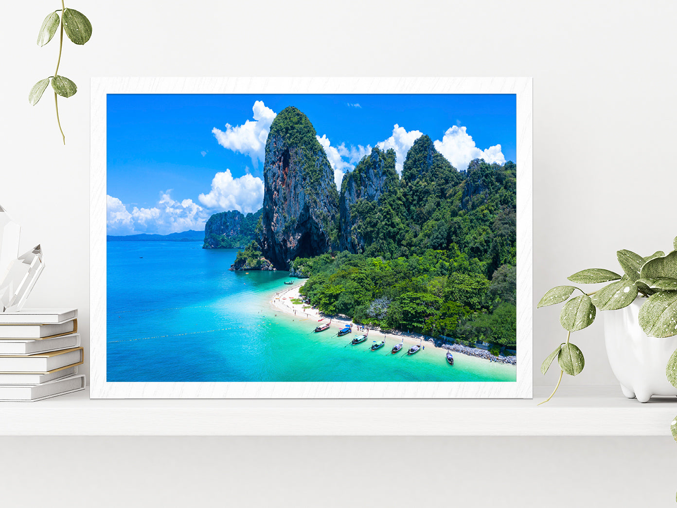 Long Tail Boat With Sandy Beach Glass Framed Wall Art, Ready to Hang Quality Print Without White Border White