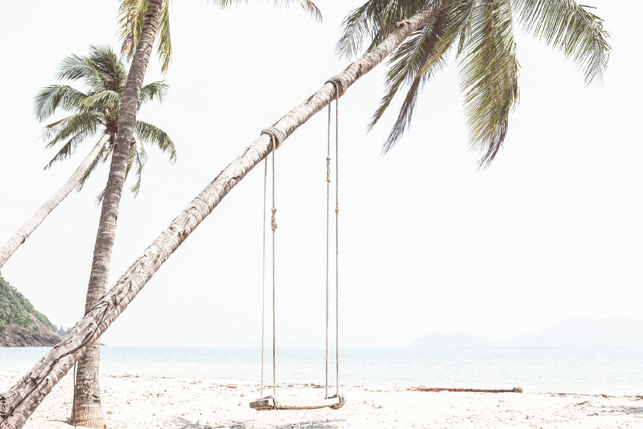 Swing on Beach & Palm Tree Faded Photograph Glass Framed Wall Art, Ready to Hang Quality Print