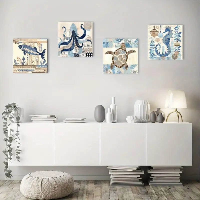 4pcs Octopus Ocean Sea Turtle Seahorse Fish OS  Wall Art Canvas Framed