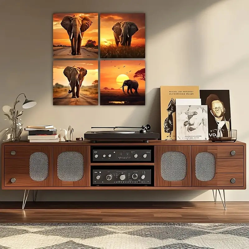 4pcs Panel African Elephant Sunrise Wall Art Canvas Framed
