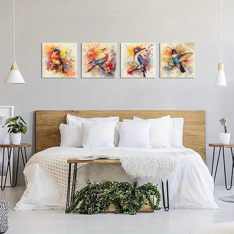 4pcs Vibrant Hummingbird   Wall Art Canvas Framed