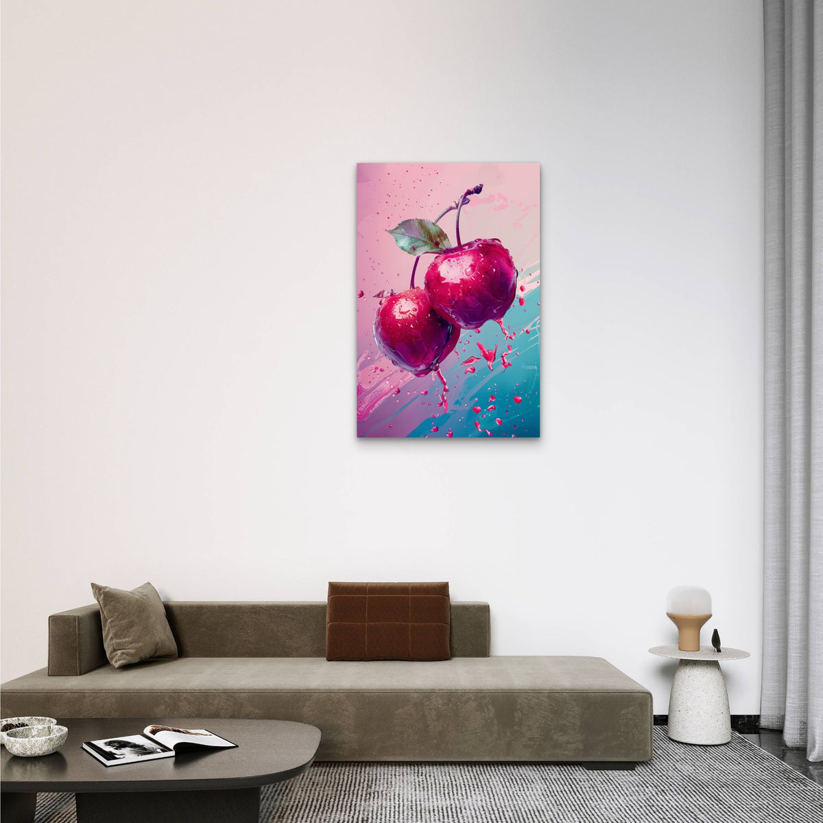 Vibrant Illustration of Cherries with Water Droplets 40x60cm Metal Print Ready to Hang