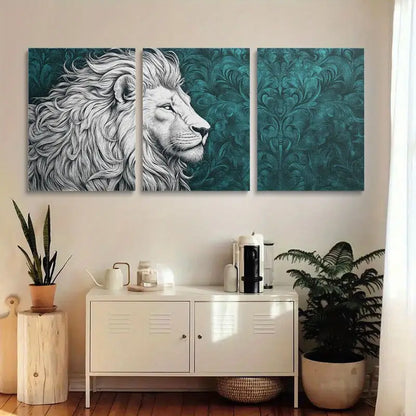 3pcs Teal Patterns, White Lion Head Design Metal Print Ready to Hang Art